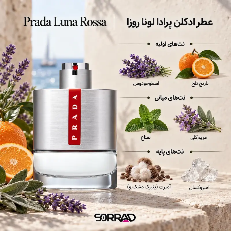 نت‌های اسطوخودوس، نارنج تلخ، نعناع و مریم‌گلی عطر پرادا لونا روزا