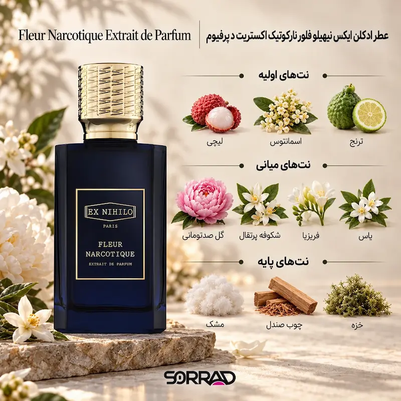 نت‌های لیچی، اسمانتوس، گل صدتومانی، یاس و چوب صندل در عطر فلور نارکوتیک اکستریت