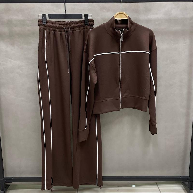 ست سویشرت و شلوار زنانه اویشو نواردار ترکیه - رنگ قهوه ای - کد 7053