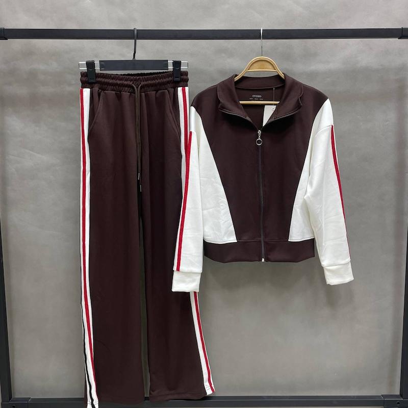 ست سویشرت و شلوار دو رنگ زنانه اویشو نواردار ترکیه - رنگ قهوه ای - کد 7051