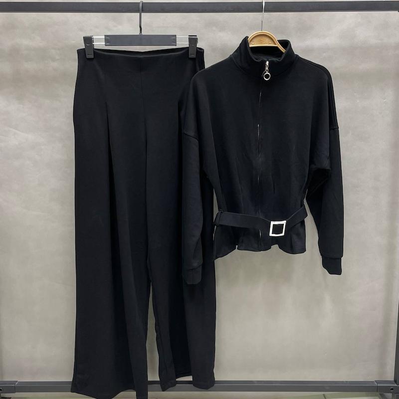 ست سویشرت و شلوار زنانه اویشو کمربند خور مدل پیله دار ترکیه - رنگ مشکی - کد 2602