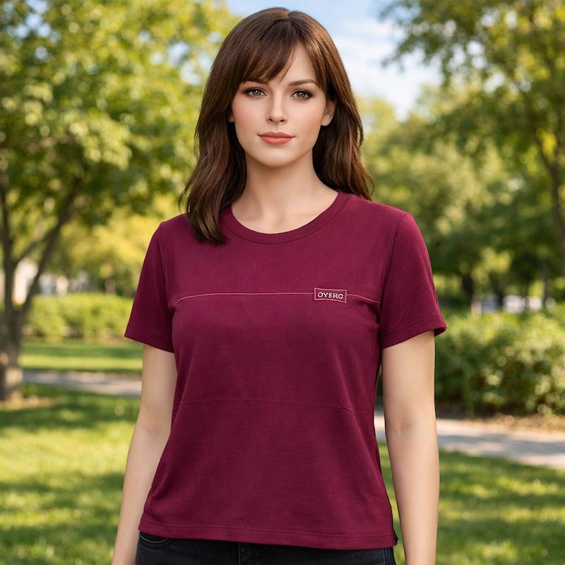 تیشرت باکسی زنانه اویشو Oysho یقه گرد رنگ زرشکی  - کد 2033
