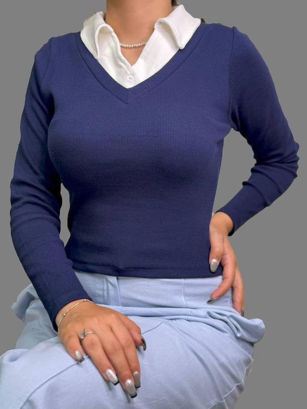 کراپ آستین بلند یقه شکاری