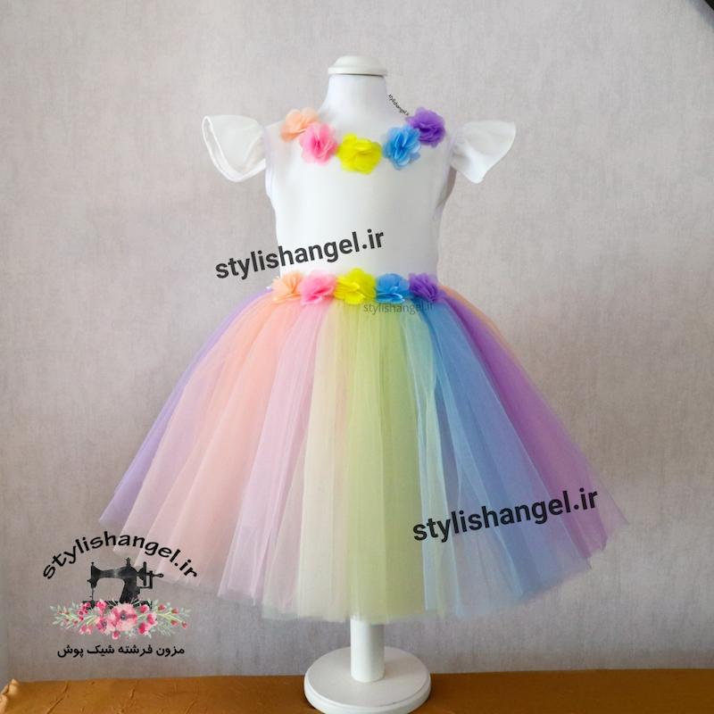 پیراهن دخترانه یونیکورن . پیراهن تم رنگین کمان . پیراهن تکشاخ