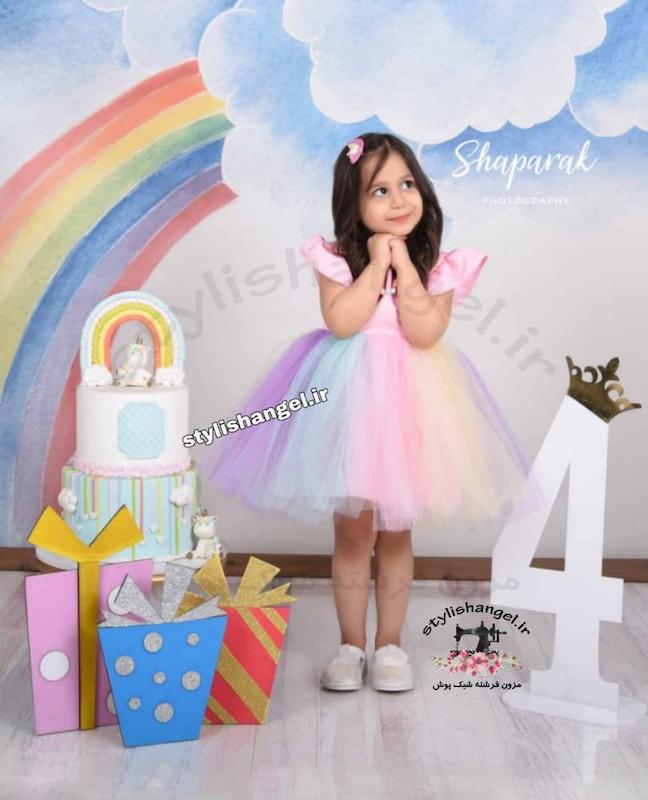 پیراهن دخترانه یونیکورن . پیراهن تم رنگین کمان . پیراهن تکشاخ