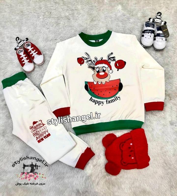 ست بلوز شلوار یلدایی اسپورت طرح گوزن کریسمس . تیشرت پسرانه
