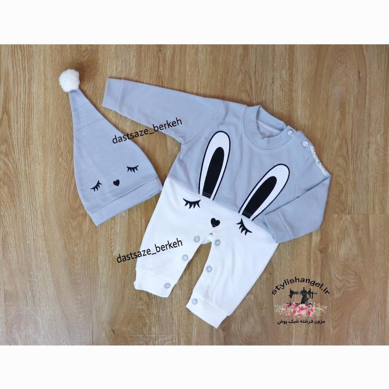 ست لباس سرهمی و کلاه طرح خرگوش ( آماده ارسال )