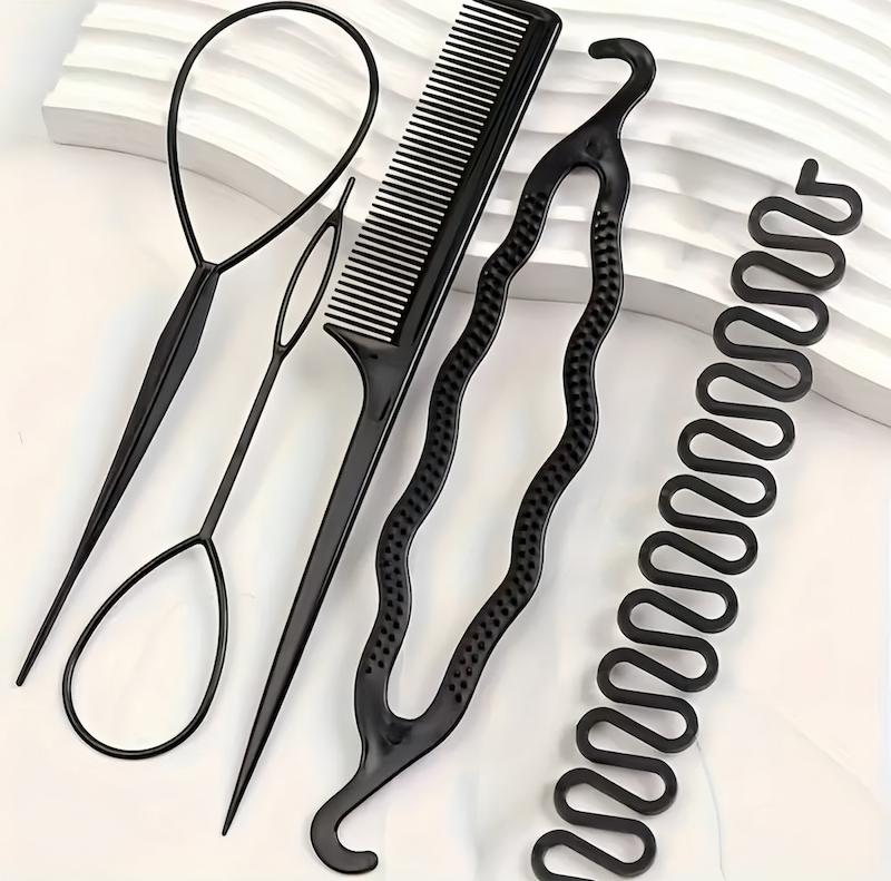 پک پنج عددی ابزار مشکی شینیون مو شامل شانه، سوزن مو و ابزار بافت - گلسر سوما