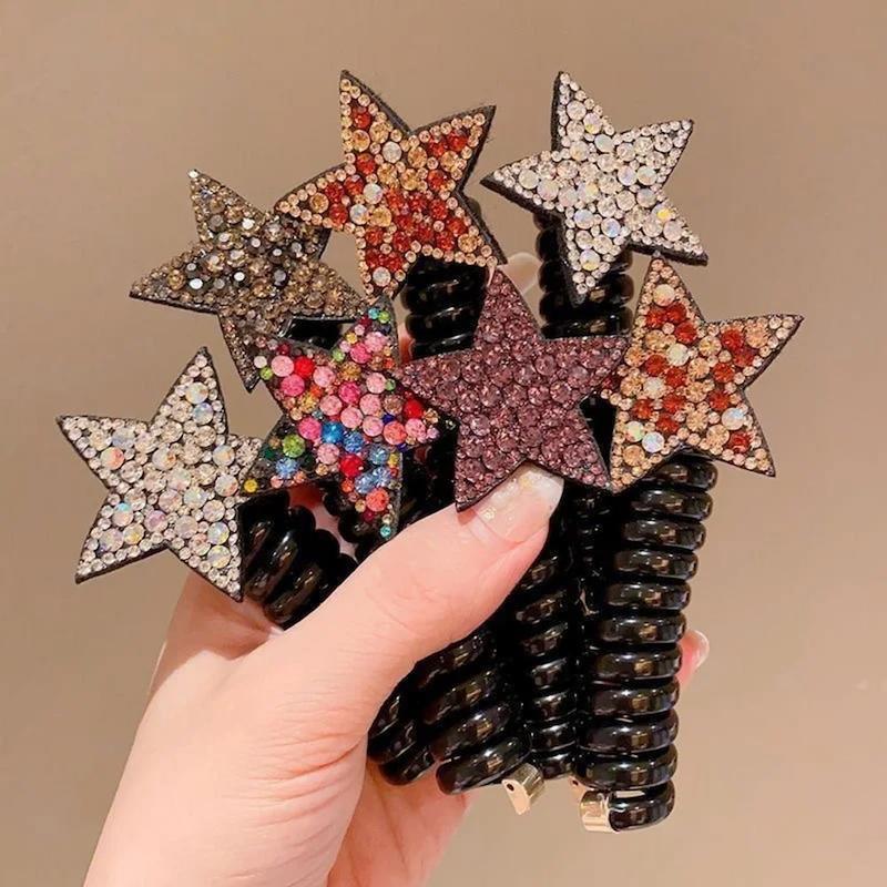 کش مو فنری مشکی با ستاره های نگین کاری شده در رنگهایهفت رنگ، مسی، نقره ای و دودی - گلسر سوما