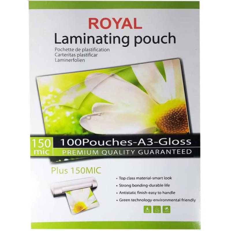 طلق پرس لمینت رویال سایز A3 بسته 100 عددی ضخامت 150 میکرون