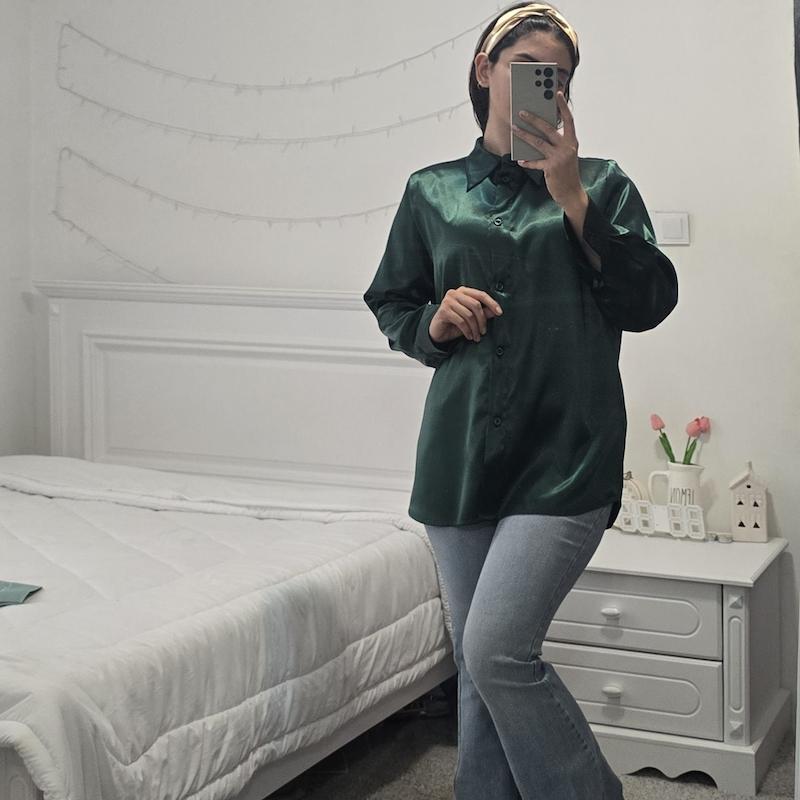 تن‌خور شومیز ساتن ساده سبز، شومیز ساتن ساده سبز، تن‌خور شومیز ساتن ابریشم