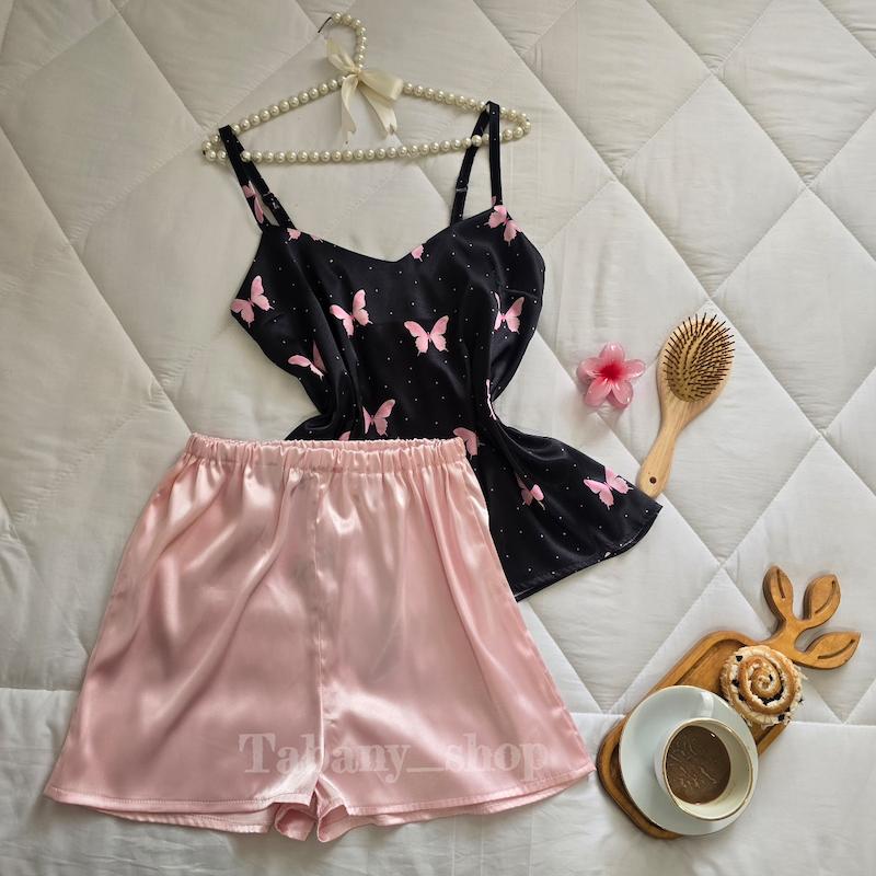 تاپ شورتک ساتن طرح پروانه صورتی