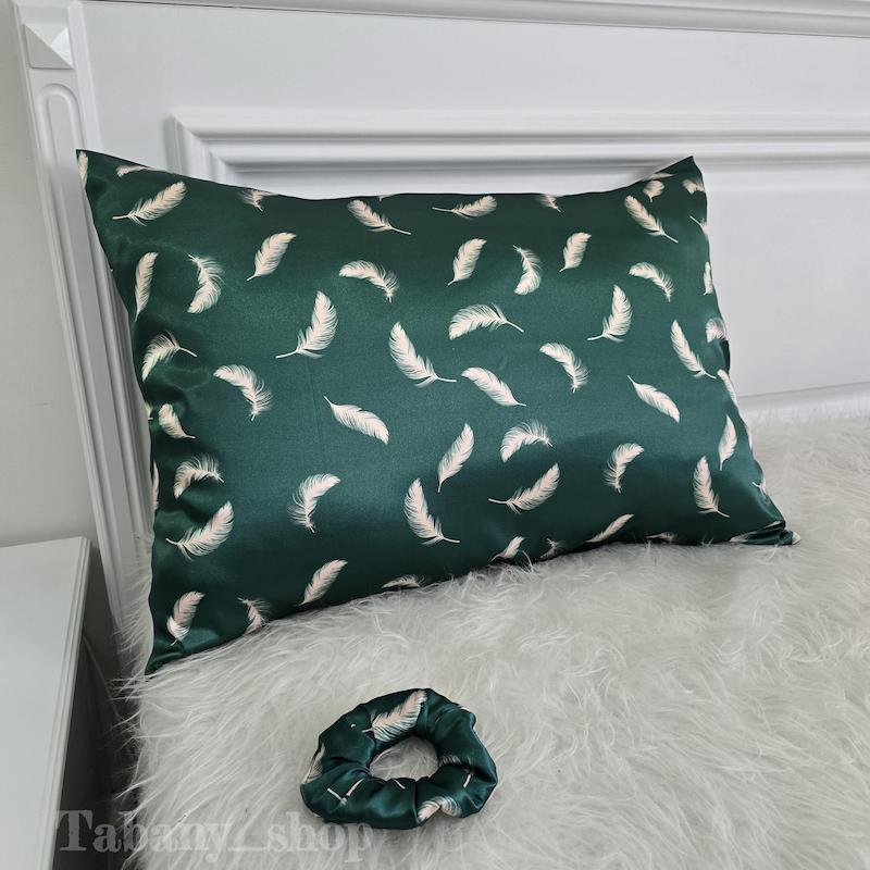 روبالشی ساتن ابریشم طرح پر سبز