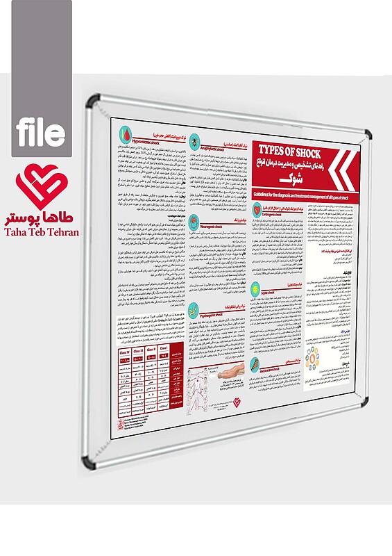 پوستر احیا , پوستر احیای قلبی ریوی , احیای جدید, پوستر علوم پزشکی , پوستر بیمارستانی ,اعتباربخشی, پوستر تشخیص و مدیریت درمان انواع شوک ,پوستر شوک, Type of Shock, انواع شوک قلبی, هیپوولمیک , کاردیوژنیک, انفکاکی ,شوک آلرژیک ,جدول میزان خونریزی ,شوک سپتیک ,شوک قلبی ,شوک روانی ,شوک  سایکولوژیک, شوک نوروژنیک, شوک آنافیلاکتیک ,جدول انواع کلاس خونریزی ,پوزیشن معمول برای شوک ,نقاط فشار شریانی در خونریزی,  شوک انسدادی