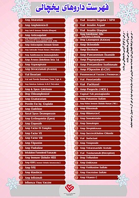 پوستر احیای قلبی ریوی , پوستر علوم پزشکی ,طاهاپوستر, پوستر جدید احیا, پوستر بیمارسترانی ,پوستر اعتباربخشی ,پوستر لیست داروهای یخچالی, یخچال بیمارستان , فهرست داروهای درون یخچال تریتمنت بخش , داروخانه, دمای اتاق برابر با 25 درجه سانتیگراد, دمای یخچال معادل 2 تا 8 درجه سانتیگراد ,نباید هه داروها را در یخچال نگهداری نمود , از یخ زدن آنها هم باید جلوگیری کرد, ,مهمترین داروهای یخچالی موجود ,, آمفوتریسین‌بی, اکسی‌توسین, تتراکوزاکتاید ,قطره کلرامفنیکل ,آمپول ویتامین سی ,فلوپنتیکسول, فاکتور VII ,ویال گلوکاگون, همه واکسن‌ها, اریتروپونتین ,بتامتازون, ال‌آ تریپتورلین ,کلسی تونین, تری فلوریدین ,کاسپوفانژین, فاکتور VIII ,آلتپلاز ,اکتروتاید,  پلی‌میکسین‌بی,دسموپرسین, لاتانوپروست, سوماتروپین, نوروبیون, فاکتور XI ,همه انسولین‌ها