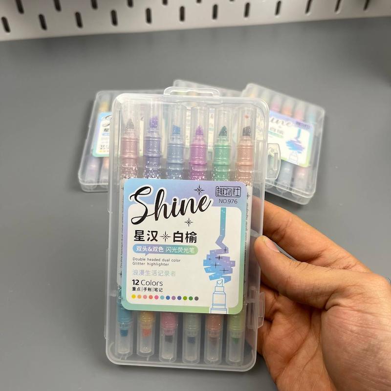 هایلایتر شاین دار یا اکلیلی رنگ پاستلی هایلایتر پکی 12 رنگ ، ماژیک علامت زن اکلیلی یا شاین دار پاستلی 