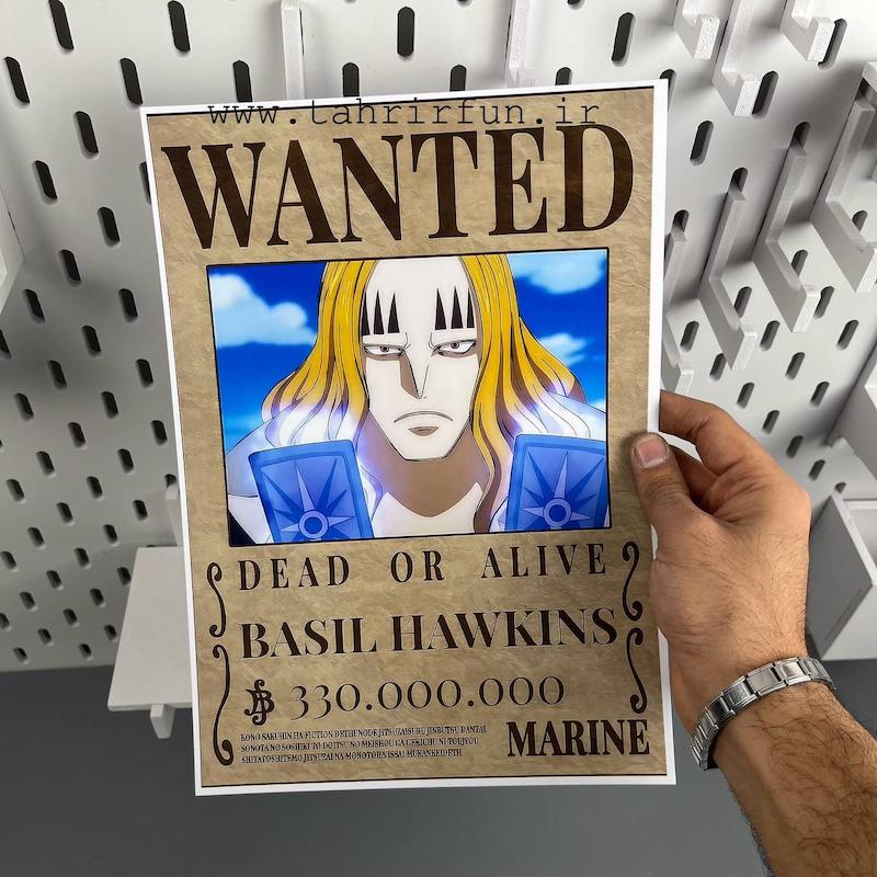 پوستر انیمه وان پیس A4 آگهی تحت تعقیب یا وانتد باسیل هاوکینز یکی از بدترین نسل های انیمه وان پیس (WANTED-BASIL-HAWKINS)one piece