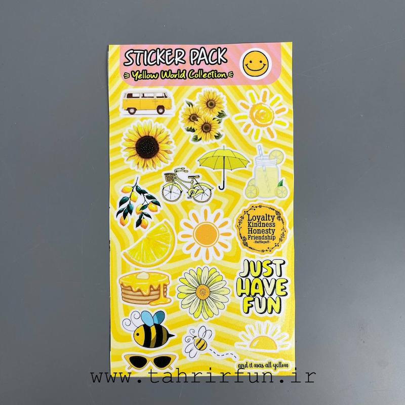 پک استیکر لپ تاپ ، موبایل و ماشین ضد آب و ضد خش ، پک استیکر پنترستی تم دنیای زرد (Yellow World Collection)