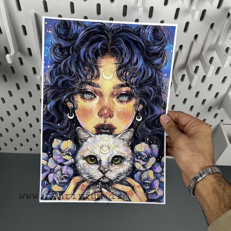 پوستر دختر و گربه ، پوستر دختر ماه زیبا و گربه ( ابعاد 21 در 30 سایزA4)