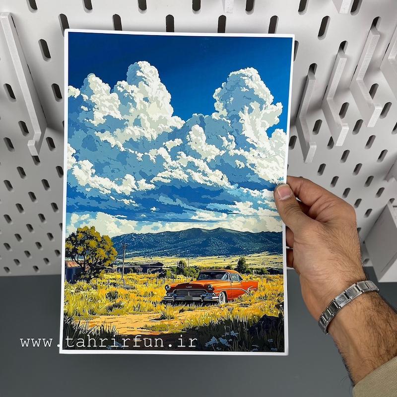 پوستر منظره و ماشین کلاسیک ، پوستر ماشین قدیمی در طبیعت   ( ابعاد 21 در 30 سایزA4)