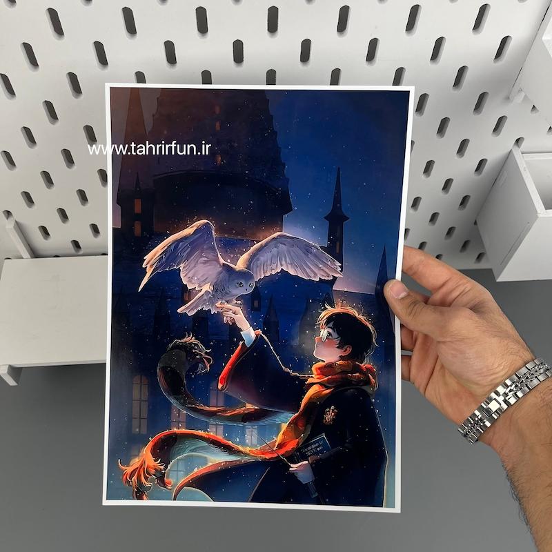 پوستر سریال هری پاتر سایز A4 مقوا کتد طرح هری پاتر و جغد نامه رسان(Harry Potter) ، پوستر گلاسه 