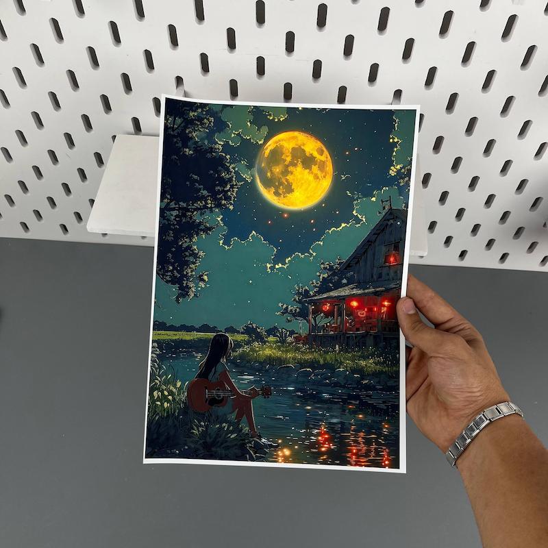 پوستر طرح دختر و ماه و گیتار سایزA4 (ابعاد ۲۰در۳۰)