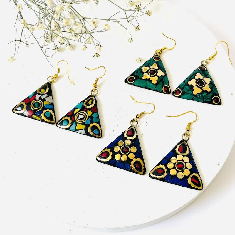 گوشواره نپالی سنگ های معدنی و فلز برنج مدل فیروزه ی هند 