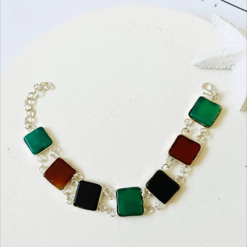 دستبند برنجی سیلور با سنگ طبیعی مربع