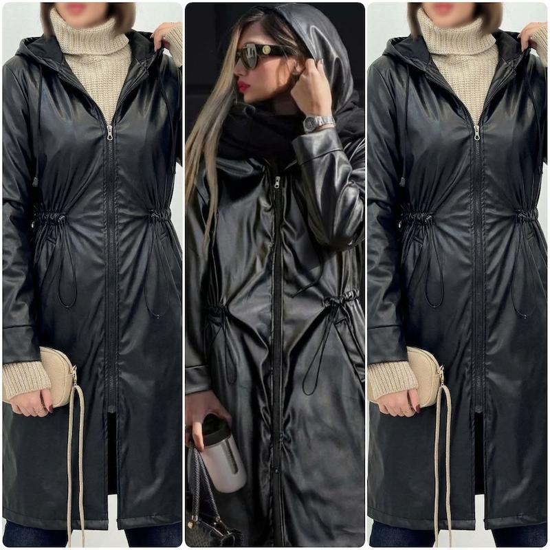 مانتو چرم کمرگت مدل کندیس