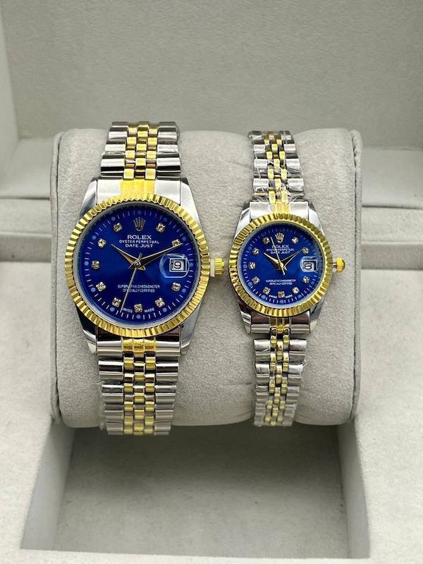 ست ساعت زنانه و مردانه رولکس بنداستیل دورنگ با صفحه آبی خاص