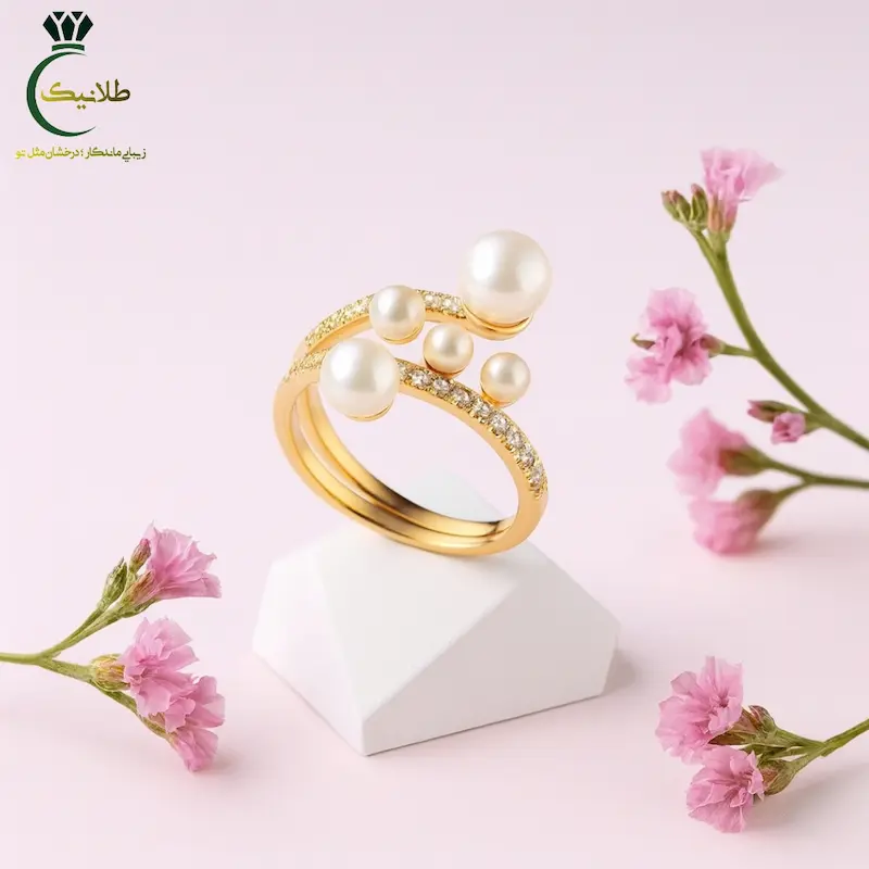 انگشتر 5 مروارید لوکس زنانه دو لاین بدلیجات طلانیک ژوپینگ