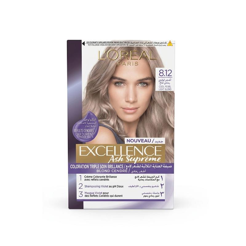 کیت رنگ مو لورآل Loreal مدل Excellence Ash Supreme شماره 8.12 با سایه بلوند دودی مرواریدی روشن