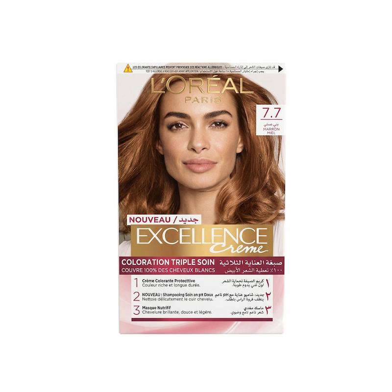 کیت رنگ مو لورآل مدل Excellence شماره 7.7 با سایه قهوه‌ای عسلی
