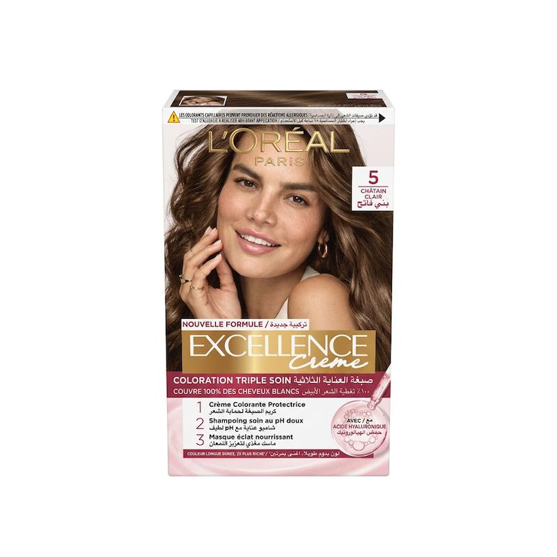 کیت رنگ مو لورآل مدل Excellence شماره 5 با سایه قهوه‌ای روشن (فرمولاسیون جدید حاوی هیالورونیک اسید)