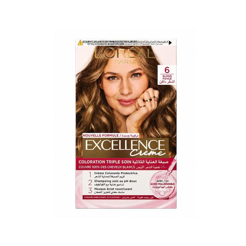 کیت رنگ مو لورآل مدل Excellence شماره 6 پایه بلوند تیره با فرمولاسیون جدید حاوی اسید هیالورونیک
