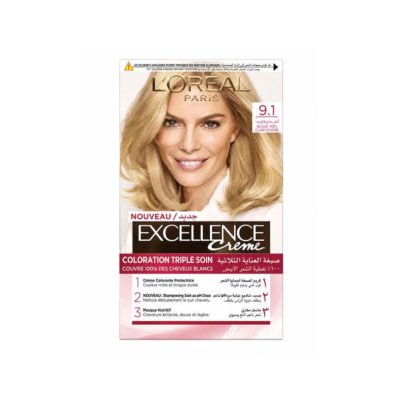 کیت رنگ مو لورآل مدل Excellence شماره 9.1 رنگ بلوند خاکستری خیلی روشن
