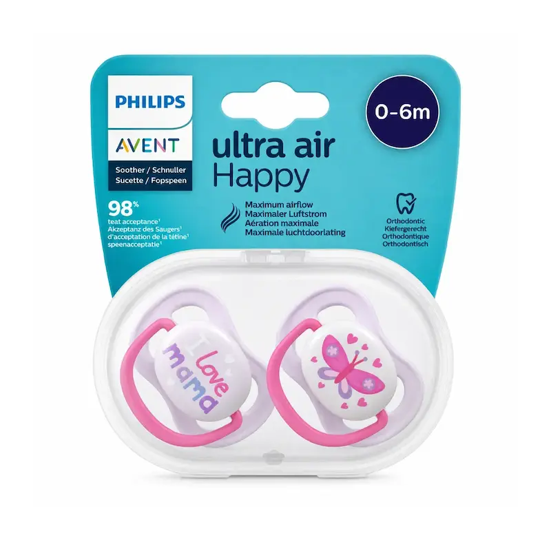 پستانک ارتودنسی فیلیپس Philips اونت مدل Ultra Air Happy مناسب 0 تا 6 ماه (بسته 2 عددی)