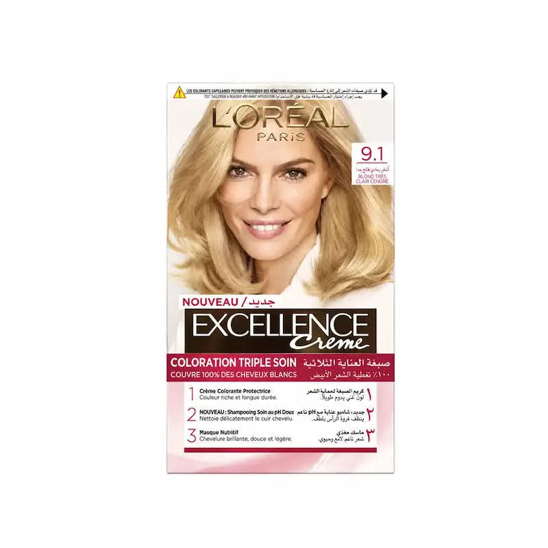 کیت رنگ مو لورآل Loreal مدل Excellence شماره 9.1 رنگ بلوند خاکستری خیلی روشن