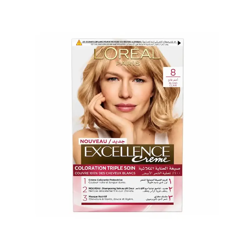 کیت رنگ مو لورآل Loreal مدل Excellence شماره 8 رنگ بلوند روشن (Light Blonde)