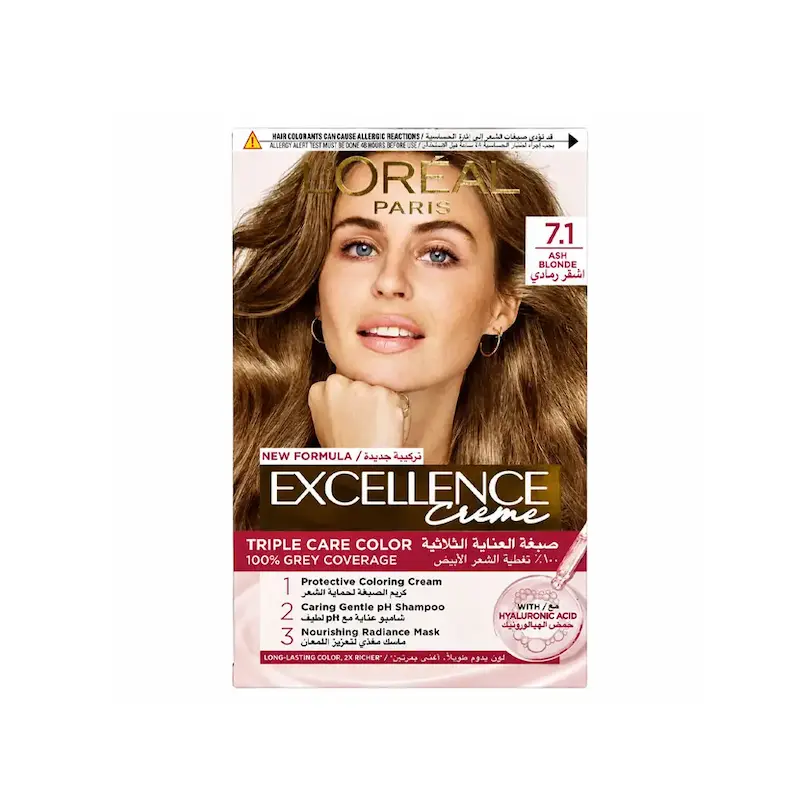 کیت رنگ مو لورآل Loreal مدل Excellence شماره 7.1 رنگ بلوند خاکستری (Ash Blonde)