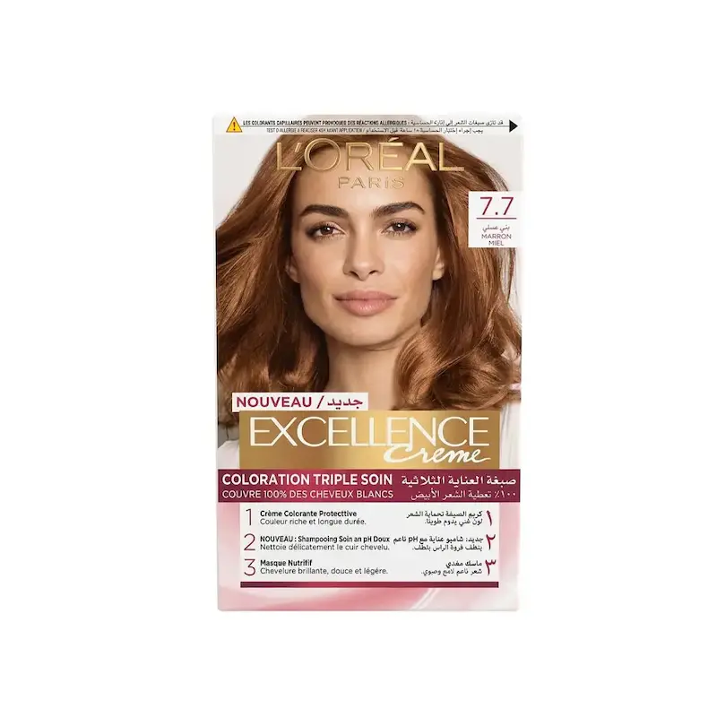 کیت رنگ مو لورآل Loreal مدل Excellence شماره 7.7 با سایه قهوه‌ای عسلی