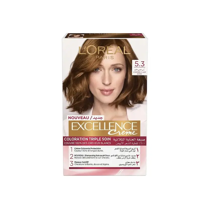 کیت رنگ مو لورآل Loreal مدل Excellence شماره 5.3 با سایه قهوه‌ای طلایی روشن