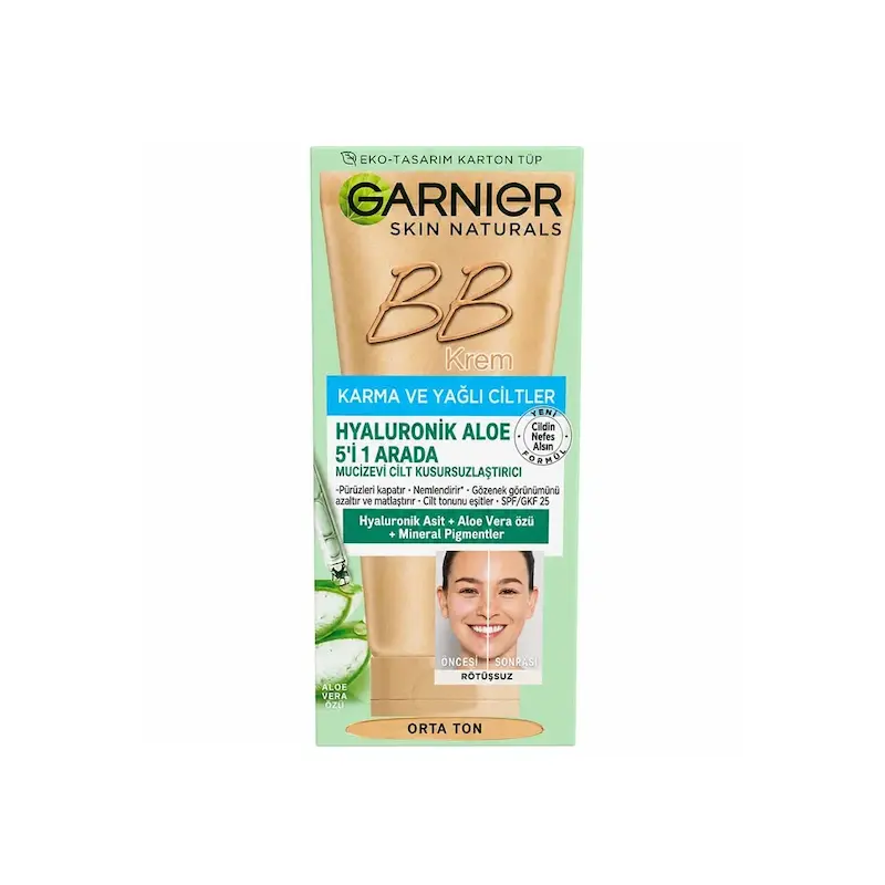 بی بی کرم گارنیر Garnier مدل Hyaluronic Aloe 5 در 1 مخصوص پوست مختلط و چرب رنگ متوسط 50 میلی لیتر