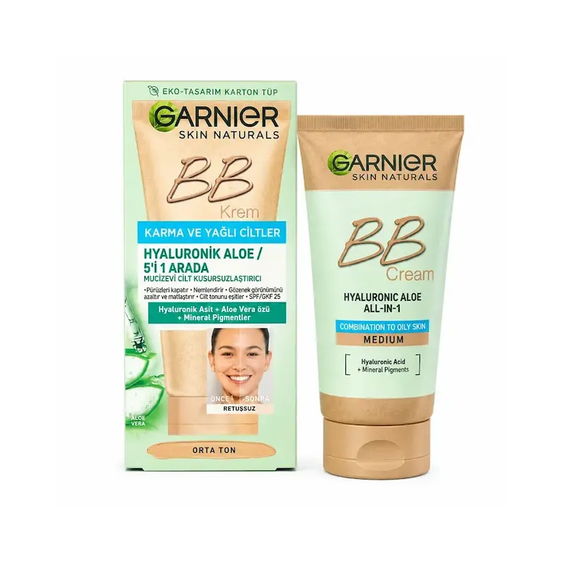 بی بی کرم گارنیر Garnier مدل Hyaluronic Aloe 5 در 1 مخصوص پوست مختلط و چرب رنگ متوسط 50 میلی لیتر