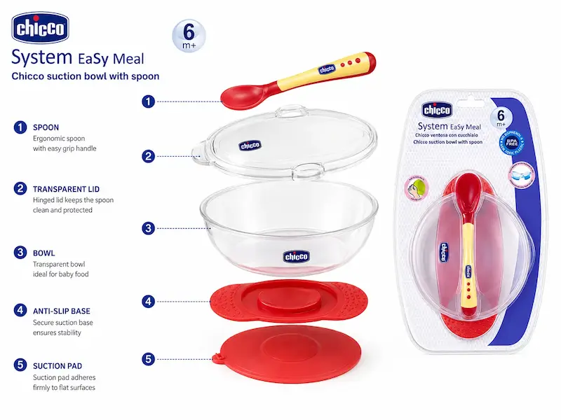 کاسه غذای کودک چیکو Chicco System Easy Meal به همراه قاشق مناسب ۶ ماه به بالا