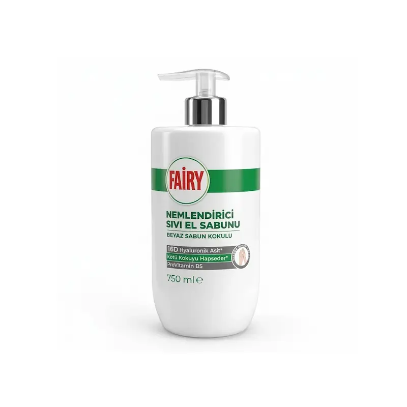 مایع دستشویی مرطوب‌کننده فیری Fairy مدل صابون سفید و هیالورونیک اسید حجم 750 میل