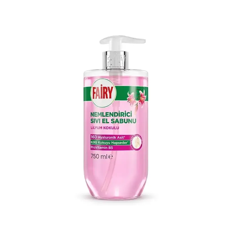 مایع دستشویی مرطوب‌کننده فیری Fairy با رایحه لیلیوم و هیالورونیک اسید حجم 750 میلی لیتر