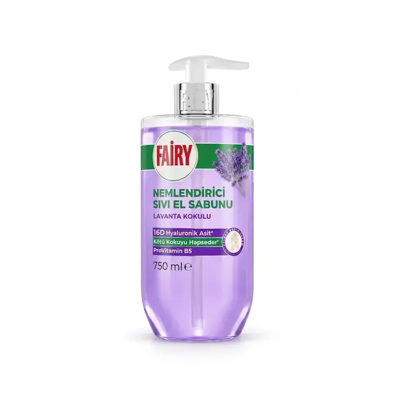 مایع دستشویی مرطوب‌کننده فیری Fairy با اسطوخودوس و هیالورونیک اسید حجم 750 میلی لیتر