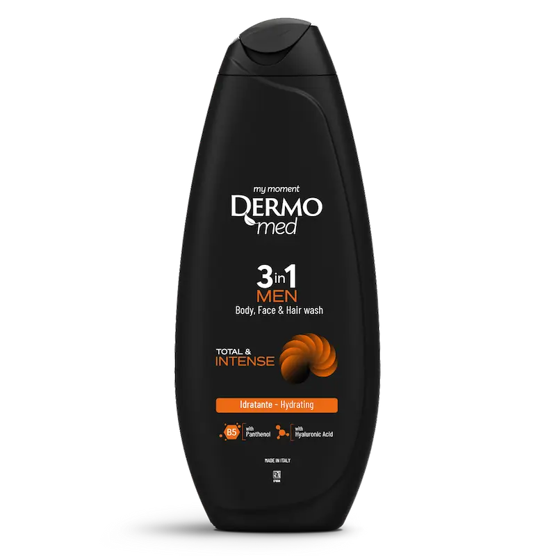 شامپو سر وبدن مردانه درمومد DERMOMED مدل Total & intense 3in1 حجم 450 میل