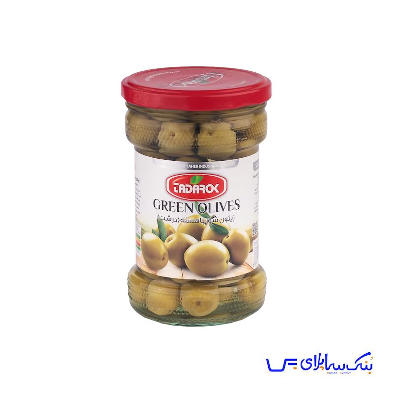 زیتون شور با هسته 600 گرمی شیشه تدارک بسته 12 عددی